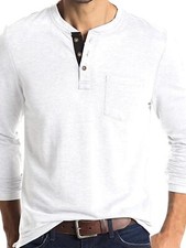 Image of Mens Long Sleeve T-shirt Henley Button Plain Grandad Neck T-shirt Top Causal Tee