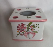 Vintage PIERRE DEUX Ceramic Hand Painted Pink/Green Floral INKWELL & Pen Holder