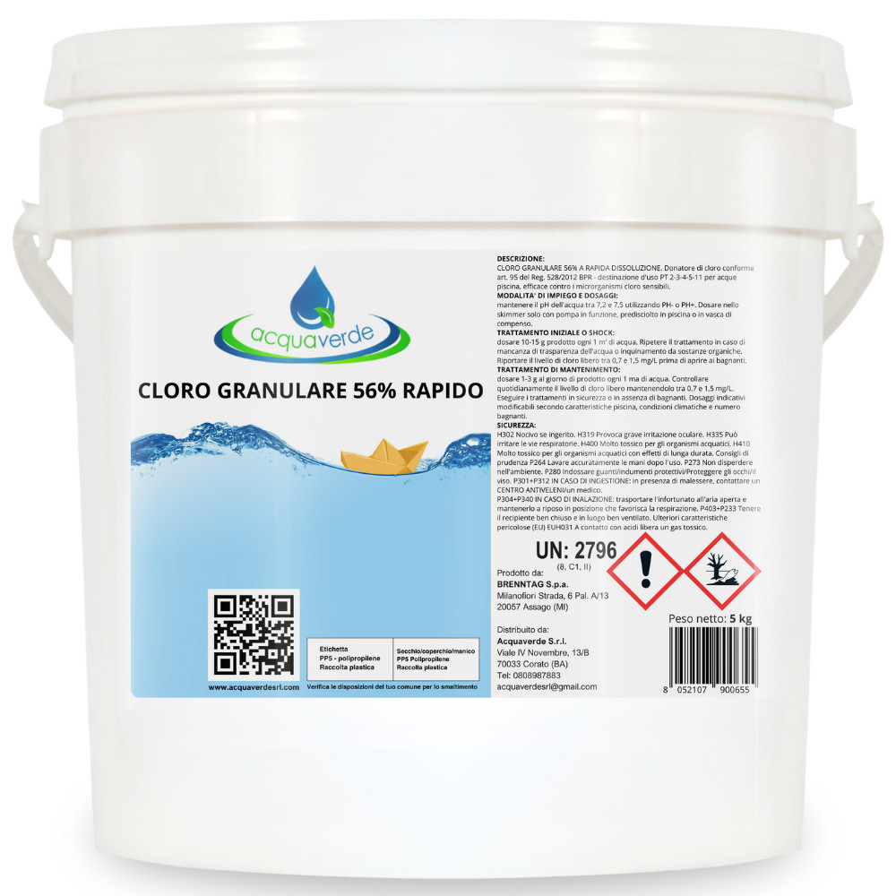 Dicloro 56% Acquaverde 5kg - Cloro Granulare Rapido Shock Piscina