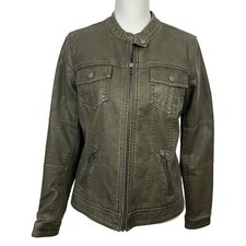 Maurices Women  s Faux Leather Look Jacket Sz Small Distress Dark Green Full Zip