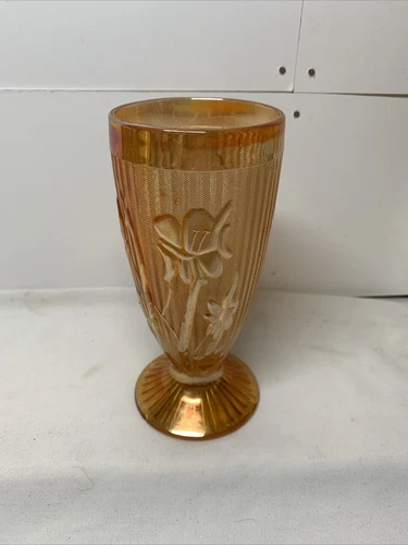 Vintage Jeanette Iris and Herringbone 6” Vase Tumbler Marigold Carnival Glass