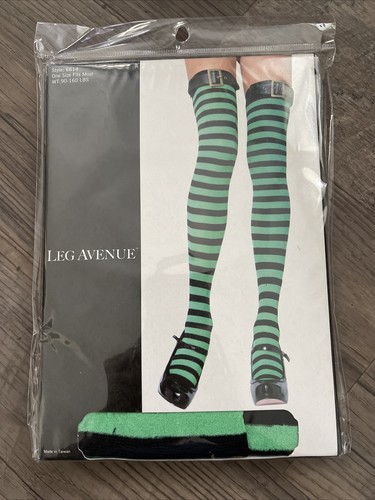 LEG AVENUE STRIPED THIGH HIGHS WITH BELT BUCKELS GREEN BLACK STYLE 6614 - Picture 1 of 3