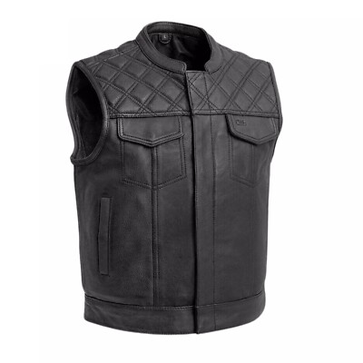 Men's Black Real Cowhide Leather Biker Motorcycle Vest Diamond Cut Club Quilted
