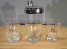 Vintage glass You, Me, Ours cocktail shaker and glass set