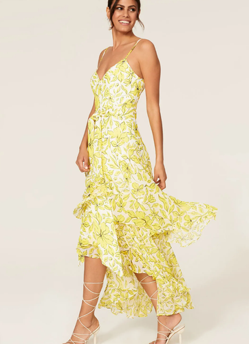 Badgley Mischka High Low Floral Print TieredRuffle Midi Dress Yellow Size 8 Flaw - 第 3/22 張圖片
