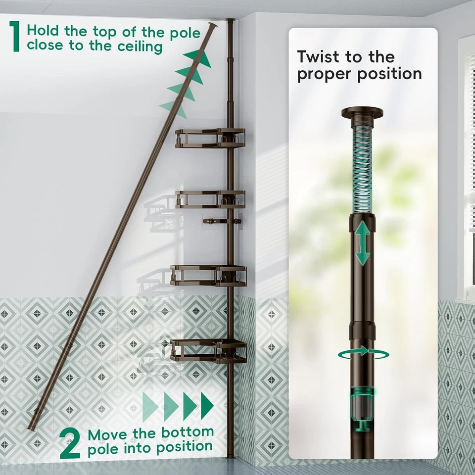 Pólo de tensão de canto chuveiro caddy, 4 camadas organizador de chuveiro ajustável canto 62-1 - Imagem 4 de 4