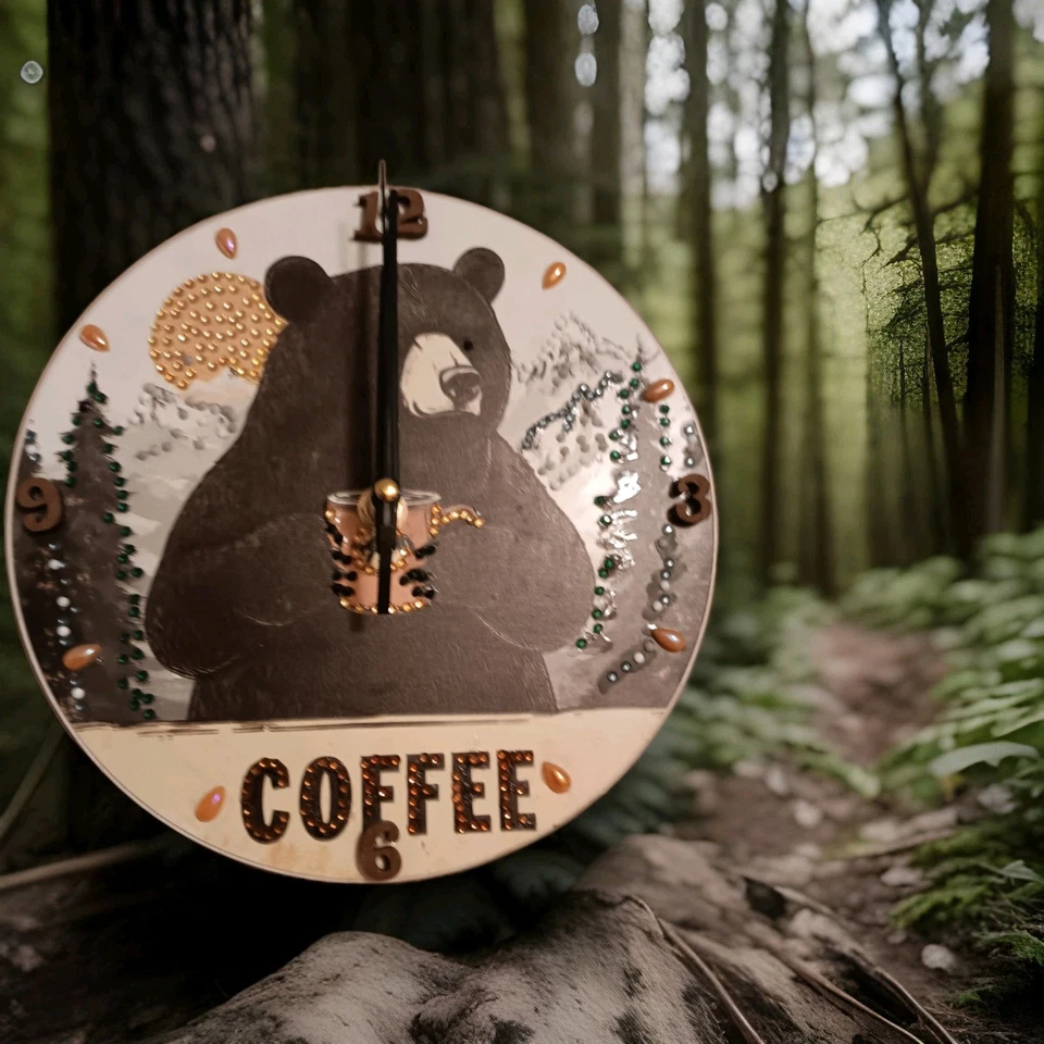 Reloj de Pared 8 Pulgadas Batería Diseño Oso y Café con Arte Diamante Foto 3 de 4