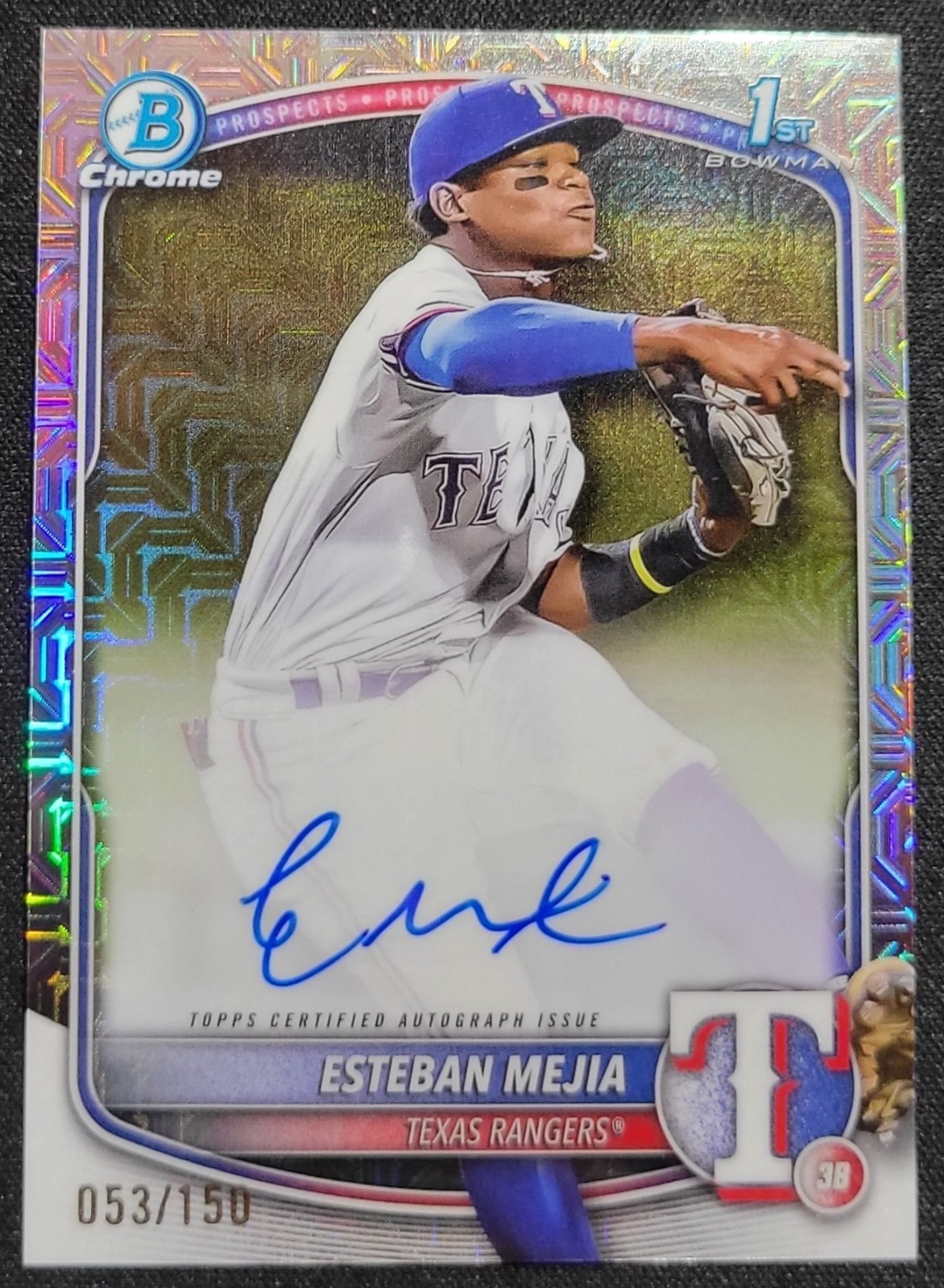ESTEBAN MEJIA 2025 BOWMAN CHROME 1ST BOWMAN HTA REFRACTOR AUTO /150 RANGERS SPRC