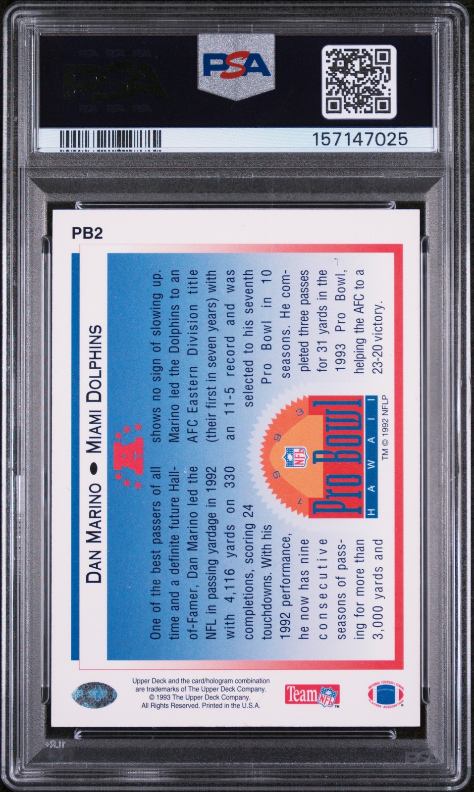 1993 UD PRO BOWL #PB2 DAN MARINO PSA 9 view 2