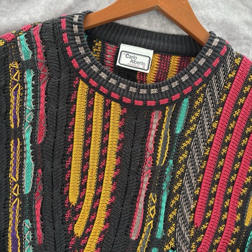 Carlo Alberto Sweater Mens M Colorful Australia VTG Coogi Style 3D Knit 90s - Image 1
