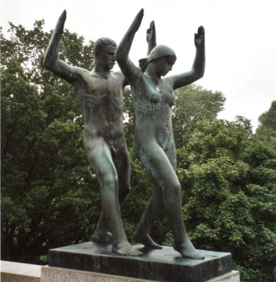 Vintage Photo Vigeland Park Oslo Norway Man Woman Sculpture Bridge Bronze Statue