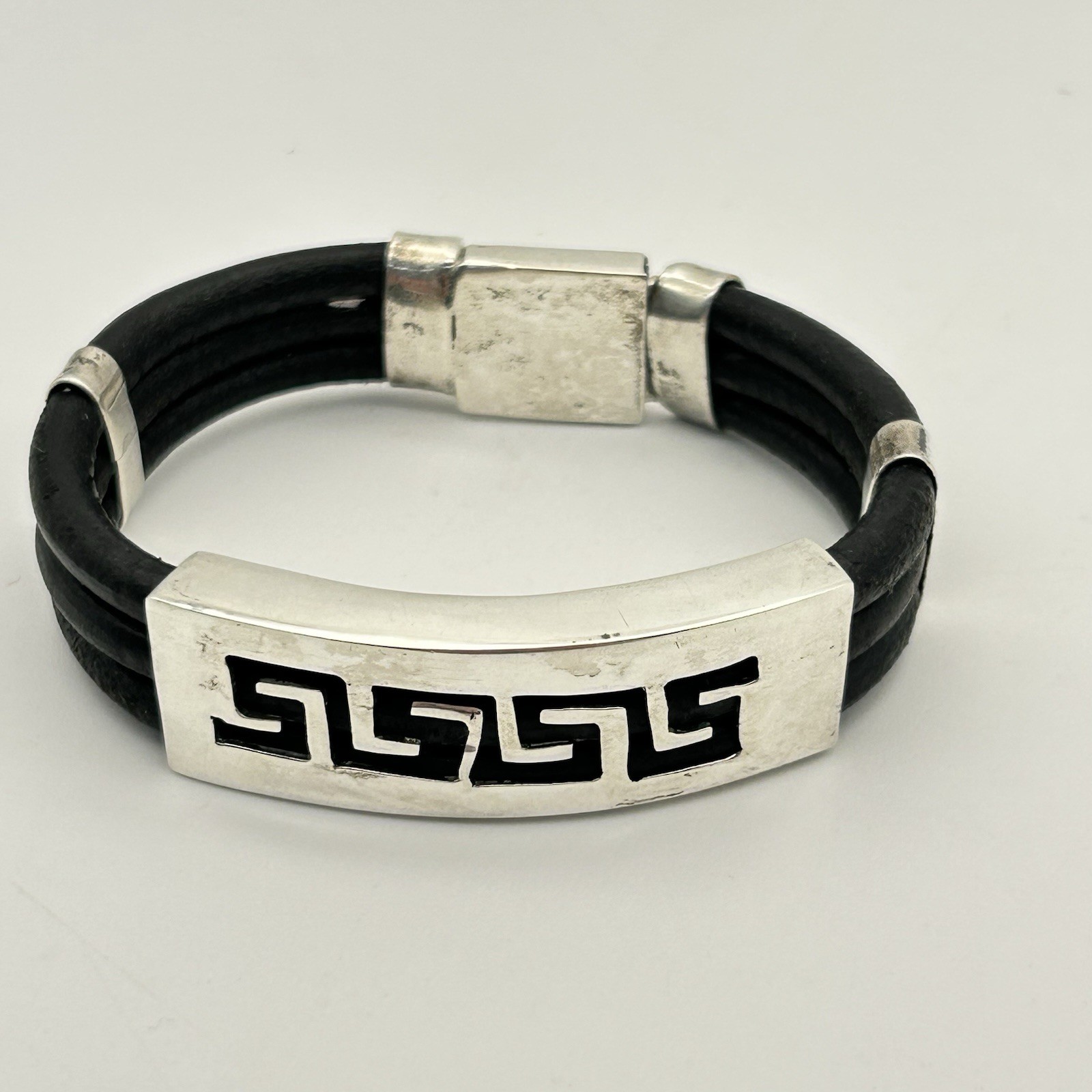 Sterling Silver/Black Leather Bangle Bracelet Gre… - image 1