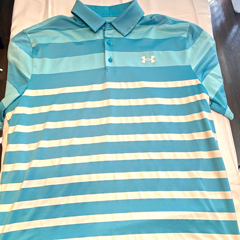 Under Armour Playoff Polo Men's L Blue/White Striped Short Sleeve Collared Loose