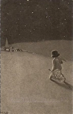 Little Angel with Christmas Tree, Village at Night, Xmas, WWI Germany  1915