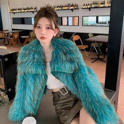 Womens Real Raccoon Fur Cape Lapel Collar Short Coat Winter Warm Fashion Outwear
