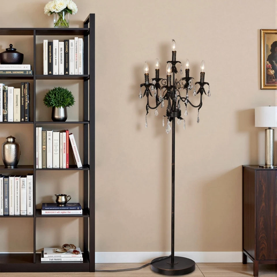 Antique Brass Crystal Chandelier Floor Lamp with 6 Candle Lights, Elegant Tra... - Image 3 of 4