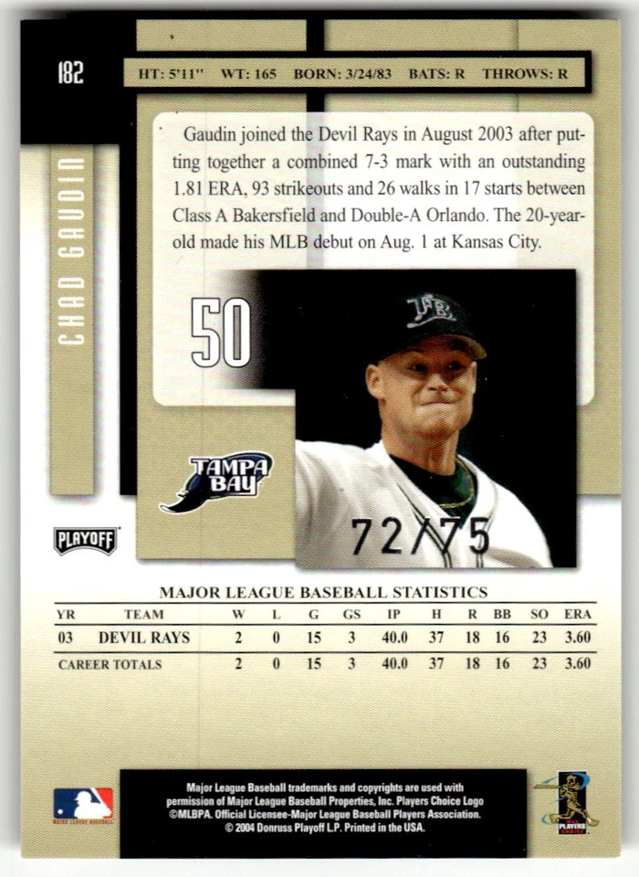 2004 Playoff Prestige Chad Gaudin Xtra Bases Black #/75 #182 - Image 2 of 2