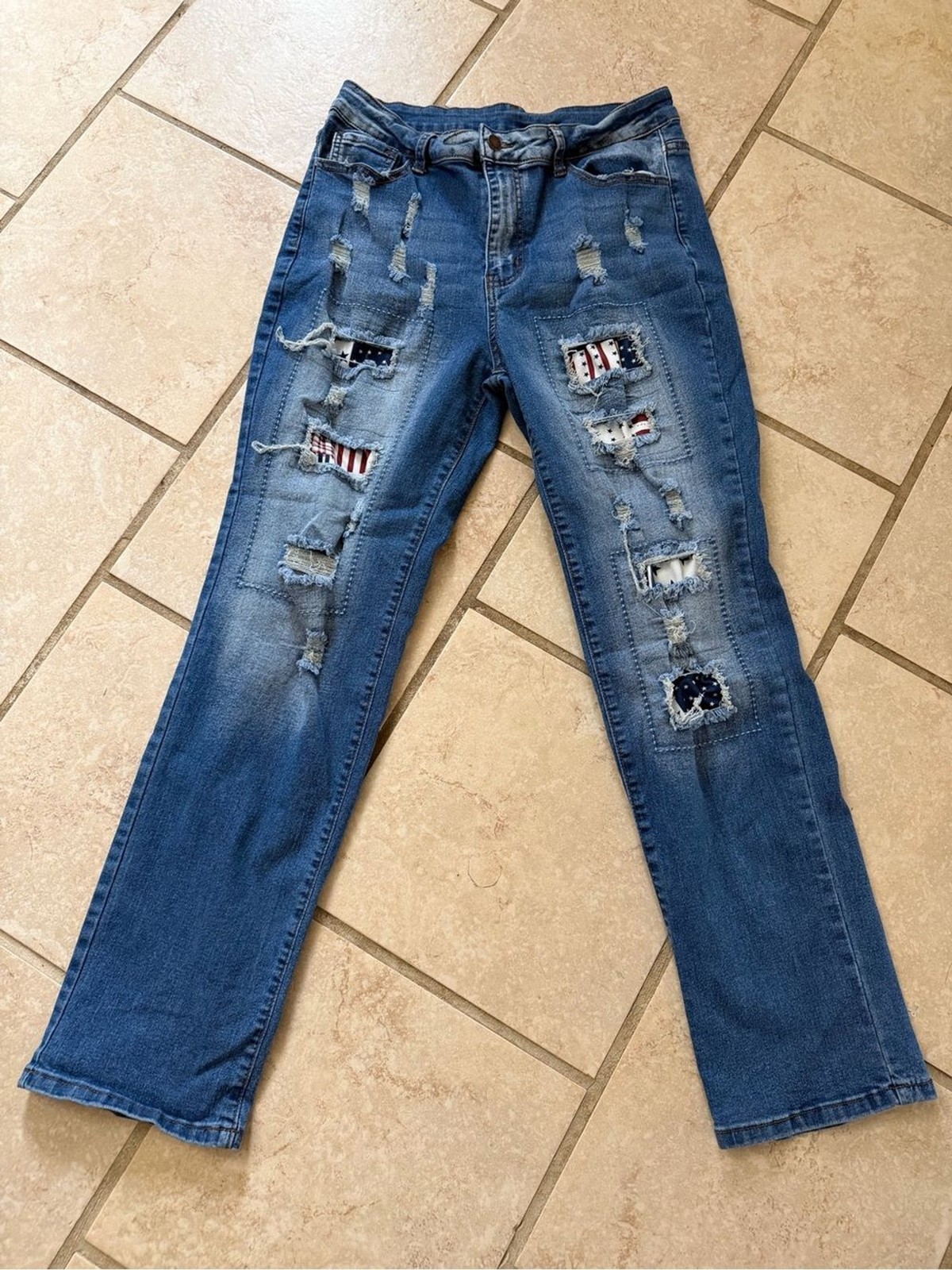 Patriotic American Flag Distressed Patchwork Boyfriend Jeans Size XL