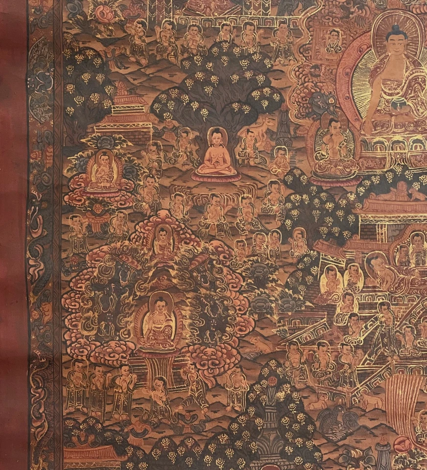 MANDALA VIDA DE BUDA/RUEDA DE LA VIDA ANTIGUA PINTURA THANGKA TIBETANA BARNIZADA AL ÓLEO Foto 4 de 4