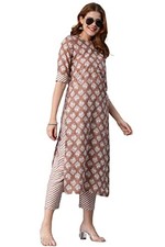 GoSriKi Women's Cotton Blend Printed Straight Kurta with Pant Funnu Brown-Nw...
