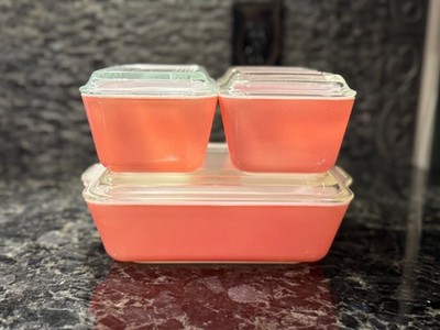 Vintage Pyrex Pink 501 502 503 Refrigerator Set Split-Rib Lids