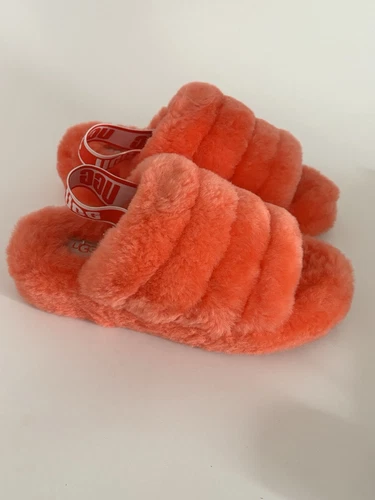 NUOVISSIMO IN SCATOLA UGG FLUFFY YEAH SLIDES IN ROSA ARANCIONE BRILLANTE TAGLIA 6