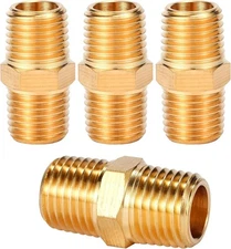 4 pcs Solid Brass Pipe Fitting, Hex Nipple, 1/4" x 1/4" NPT Male Pipe Adapter