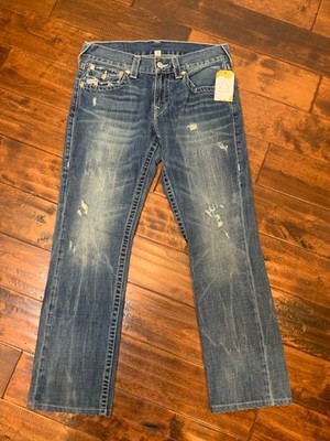 True Religion Men's Medium Wash Straight Nat Chain Logo Distressed Jeans Size 30