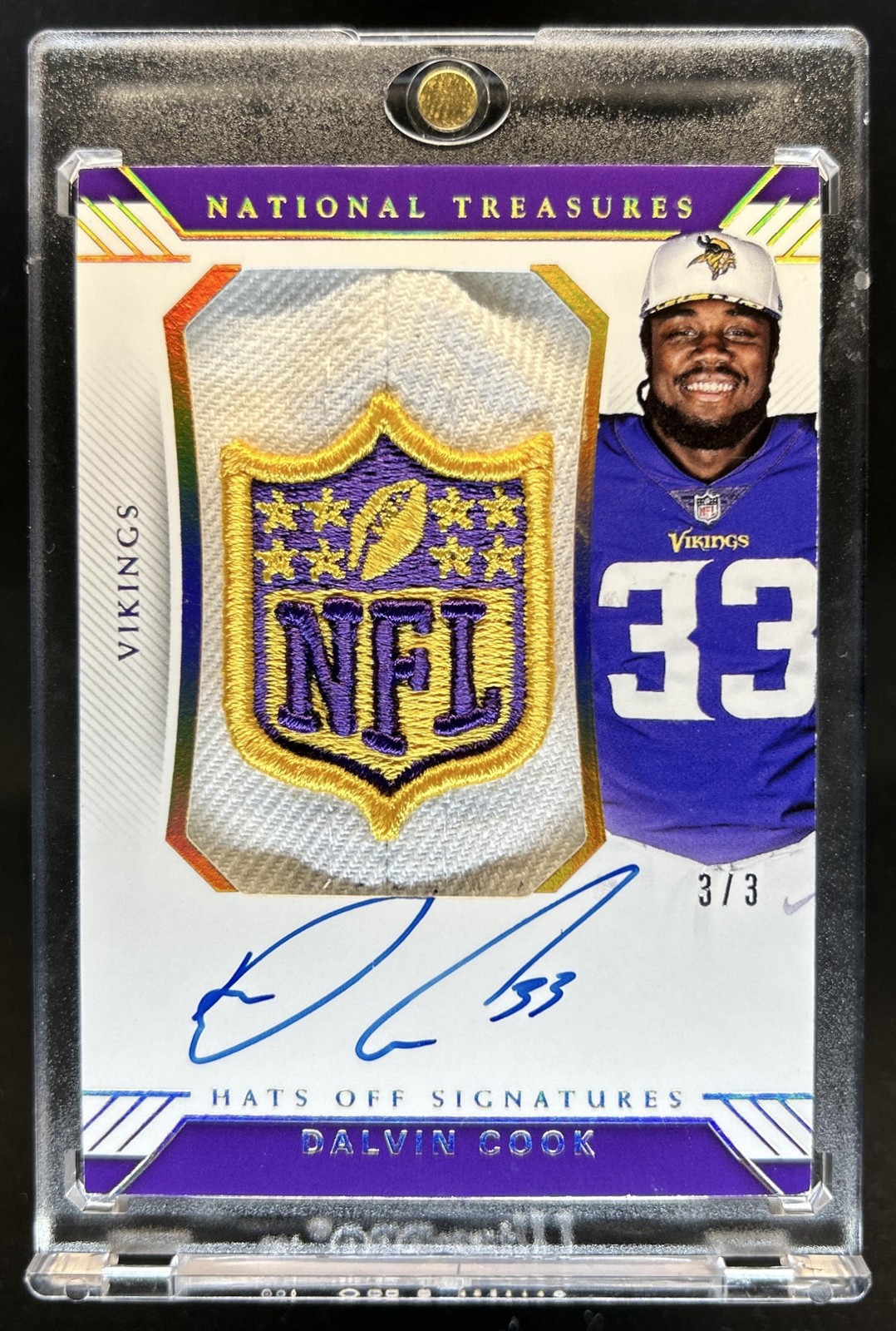 2017 National Treasures Dalvin Cook Rookie Hats Off Patch NFL Shield Auto #/3 view 1
