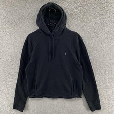 AllSaints Hoodie Mens Medium Black Skull Logo Fleece Pullover Sweatshirt Pockets