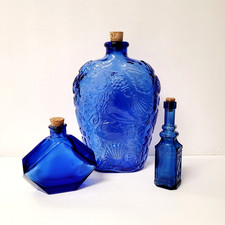 Set of 3 Blue Cobalt Glass Decorative Bottles with Cork Stopper Various 4.5"-9"