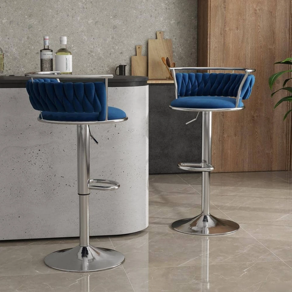 38.7英寸旋转可调节银色吧凳带海军蓝天鹅绒座椅靠垫2件 — 第 4/4 张图片