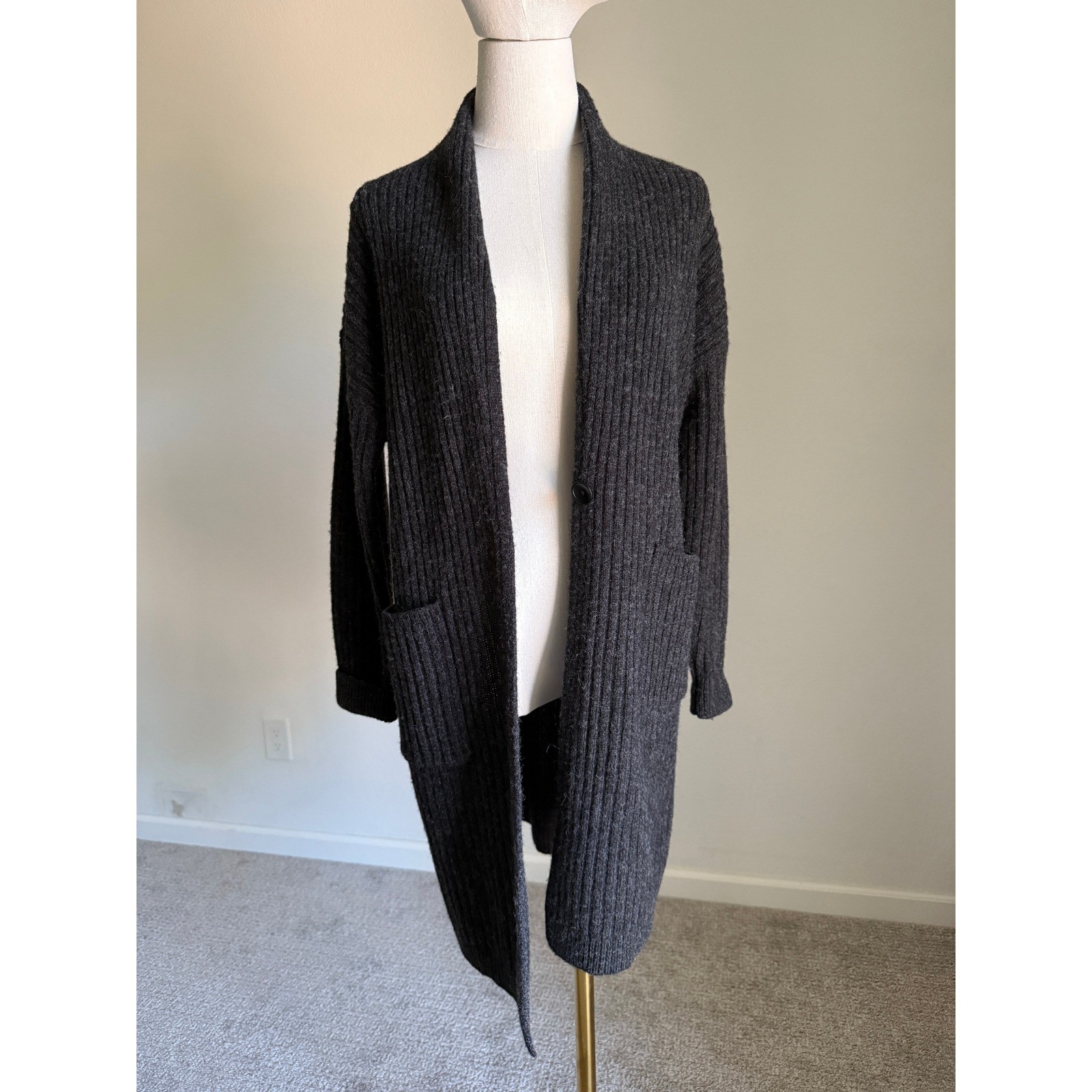 UNIQLO Gray Long Wool Duster Cardigan with Open Front and Pockets
