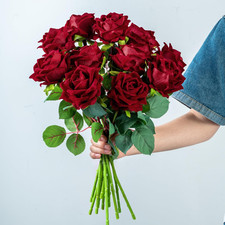12PCS Artificial Roses with Stems, Realistic Red Fake Roses, Silk