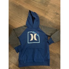 Hurley Boys Blue Gray Raglan Graphic Logo Pullover Hoodie Sweatshirt Size 8