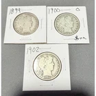 Lot of 3 Barber Half Dollars 1899 1900-O 1902 Silver Coins Silver Half Dollar