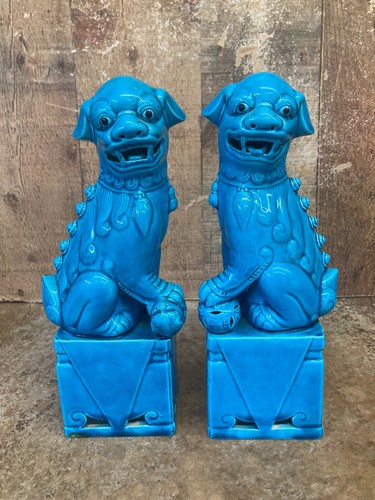 Blue Foo Dogs 9.5" Statues Blue Porcelain Ceramic Glazed Chinese Guardian Lions