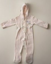 Vintage 1960s Pink Knit Baby Hooded Romper One Piece Novelty Knit 6  12M Pink