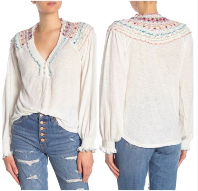 Free People Siesta Fiesta Crochet Bohemian Knit Bright Colorful V-Neck Top Small