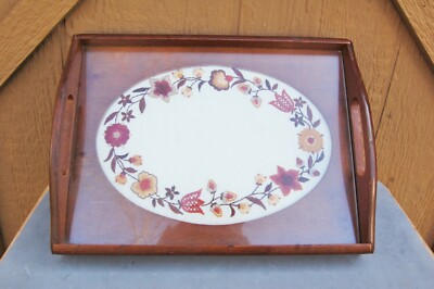 Creative Circle Wood Serving Tray Embroidery Under Glass Top Hand Made 12''x 9''