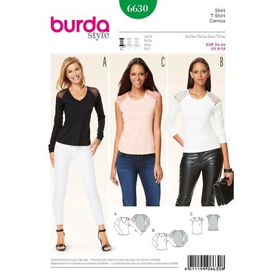 BURDA 6630 MISES T-SHIRT Schnittmuster Größen 6 - 18 Fähigkeit: EINFACH