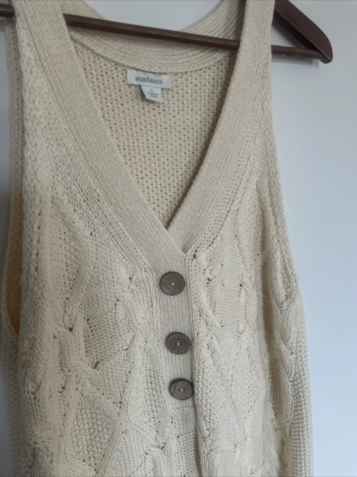 Sundance Kenzie Cable Tejido Sin Mangas Top Cuello en V Marfil Talla Lg Botón Costa Boho Foto 2 de 4