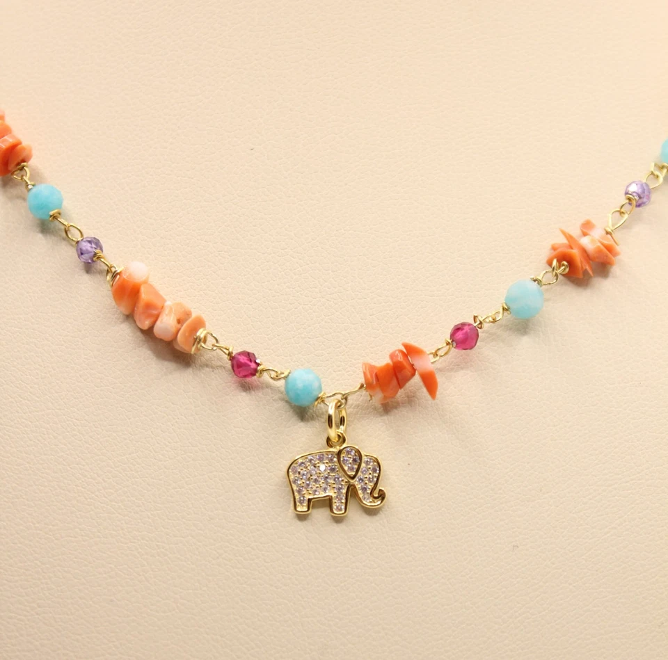 COLLANA ARGENTO DONNA SPINELLO AMAZZONITE CORALLO ELEFANTE ZIRCONI CM 40-45 - Immagine 2 di 4