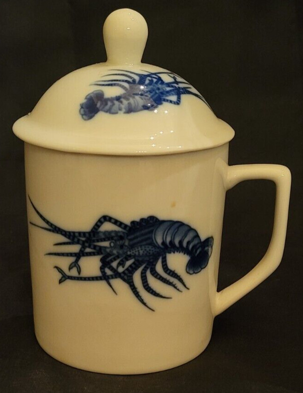 Traditional Chinese Tea Cup w/ Lid, Ceramic, Blue Brushstrokes, Shrimp Motif