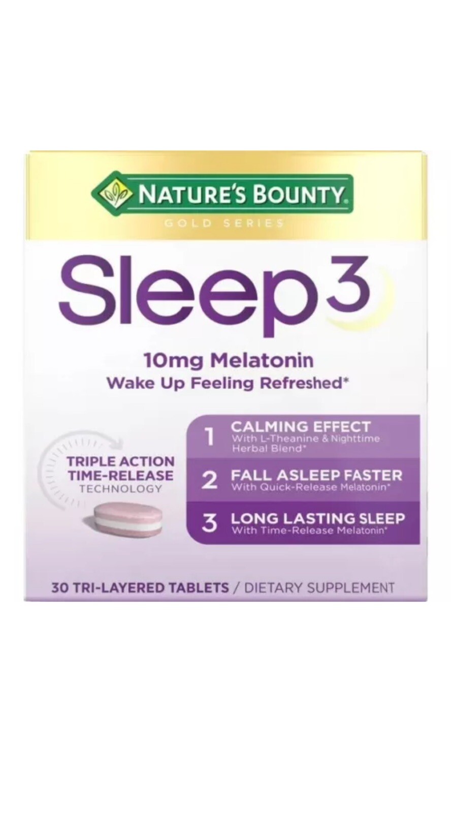 Sleep3 Melatonin, Maximum Strength Free Sleep Aid,Tri-Layered Tablets,10 Mg,30CT