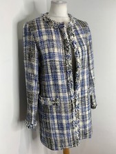 ZARA boucle knit collarless dress coat M VGC tweed mid length fringe raw edge