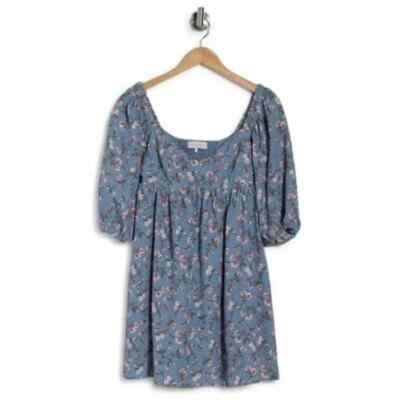 WAYF Puff Sleeve Babydoll Dress in Dusty Blue Allover at Nordstrom Rack, Size Medium