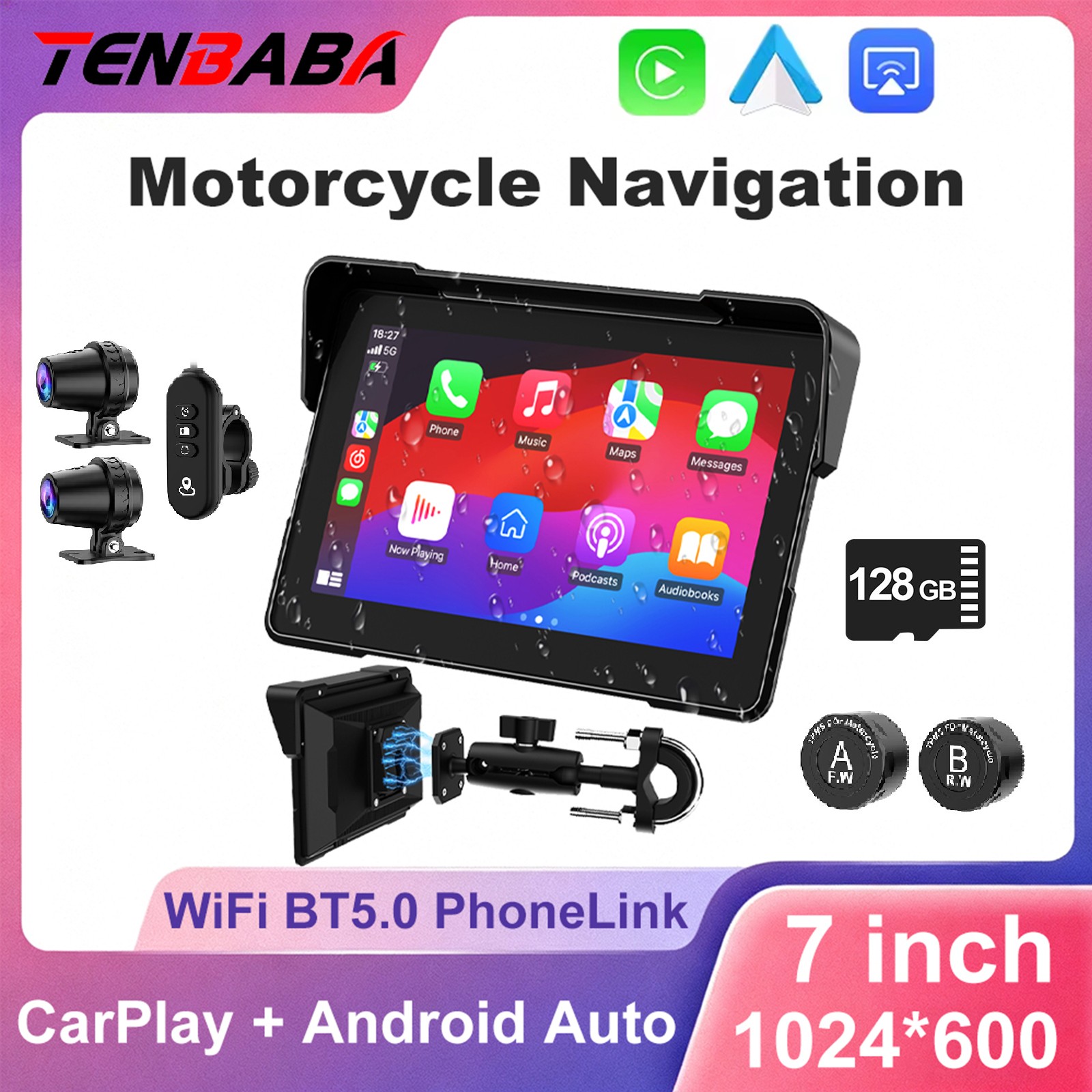 for Motorcycle CarPlay & Android Auto,7" Waterproof Smart GPS Dual 2K Dash Cam