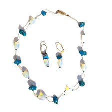 Faux Turquoise and Milky Bead Necklace 17" and Earring Set Easy Magnetic Catch