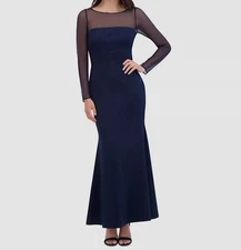 Eliza J Women's Blue Rosette Illusion-Sleeve Evening Gown Dress Size 10